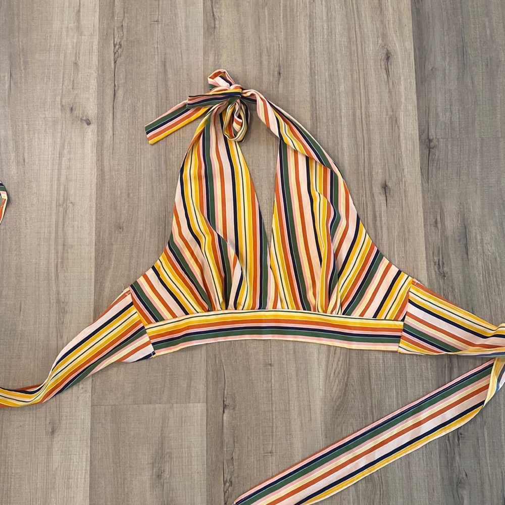 Rainbow Stripe Plunge Halter Top (Open Back with Ties)